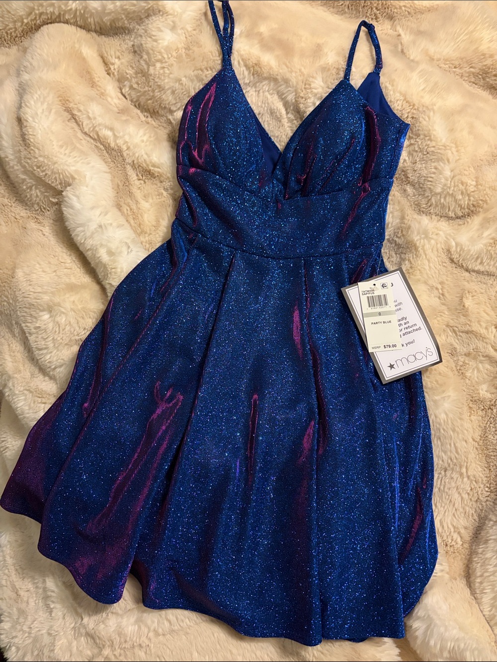 Macy's Glitter Royal Blue Prom Dress with Pink Accents